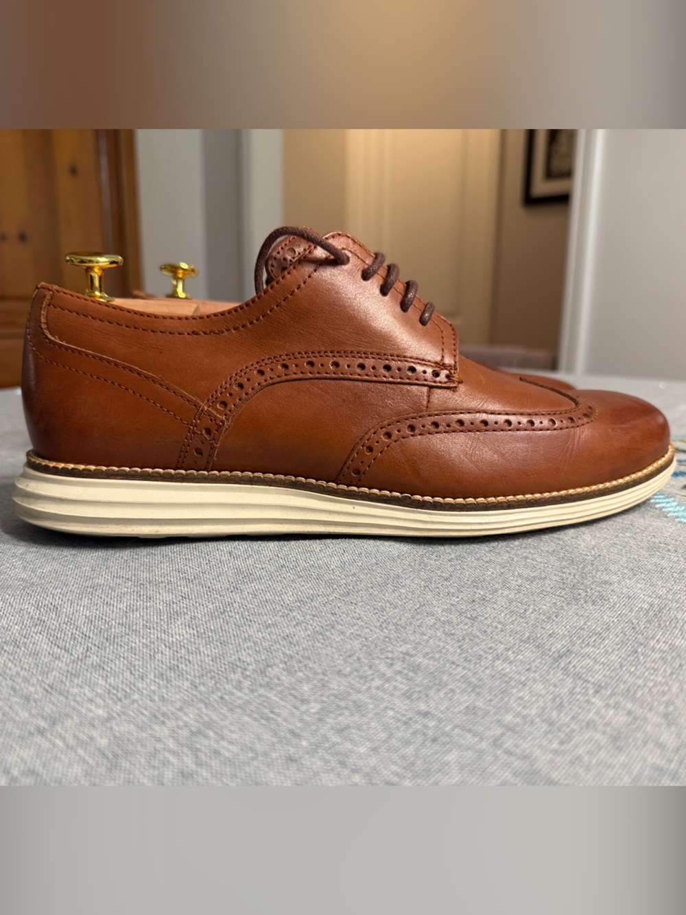 Cole Haan Tan Leather Wingtip Derby OriginalGrand with Contrast White Sole